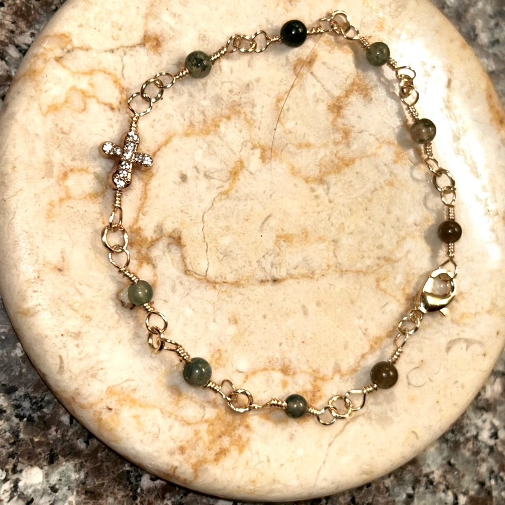 Artisan made Pave cross and Fancy jasper Beaded Bracelet